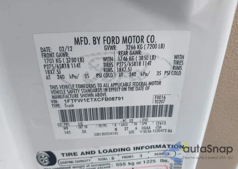 2012 Ford F-150 Lariat z USA, uszkodzony, nr VIN 1FTFW1ETXCFB08791